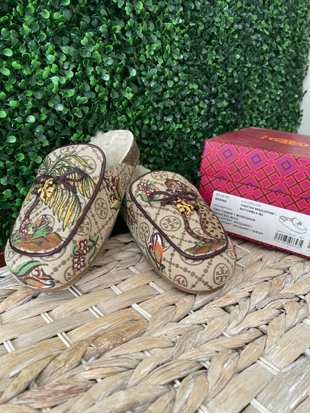 Tory Burch cheetah needlepoint, shearling mural, size 7
